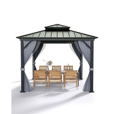 Kojooin 12x12ft Hardtop Gazebo with Nettings and Curtains,Heavy Duty Double Roof Galvanized Steel Outdoor Combined of Vertical Stripes Roof,Gray