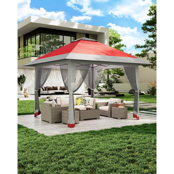 Kojooin 13x13 Pop Up Gazebo with Mosquito Netting & UPF 50+ Waterproof Canopy Tent - Instant Setup Outdoor Shelter for Backyard, Patio, Deck - Durable Steel Frame with 4 Sandbags & Wheeled Bag