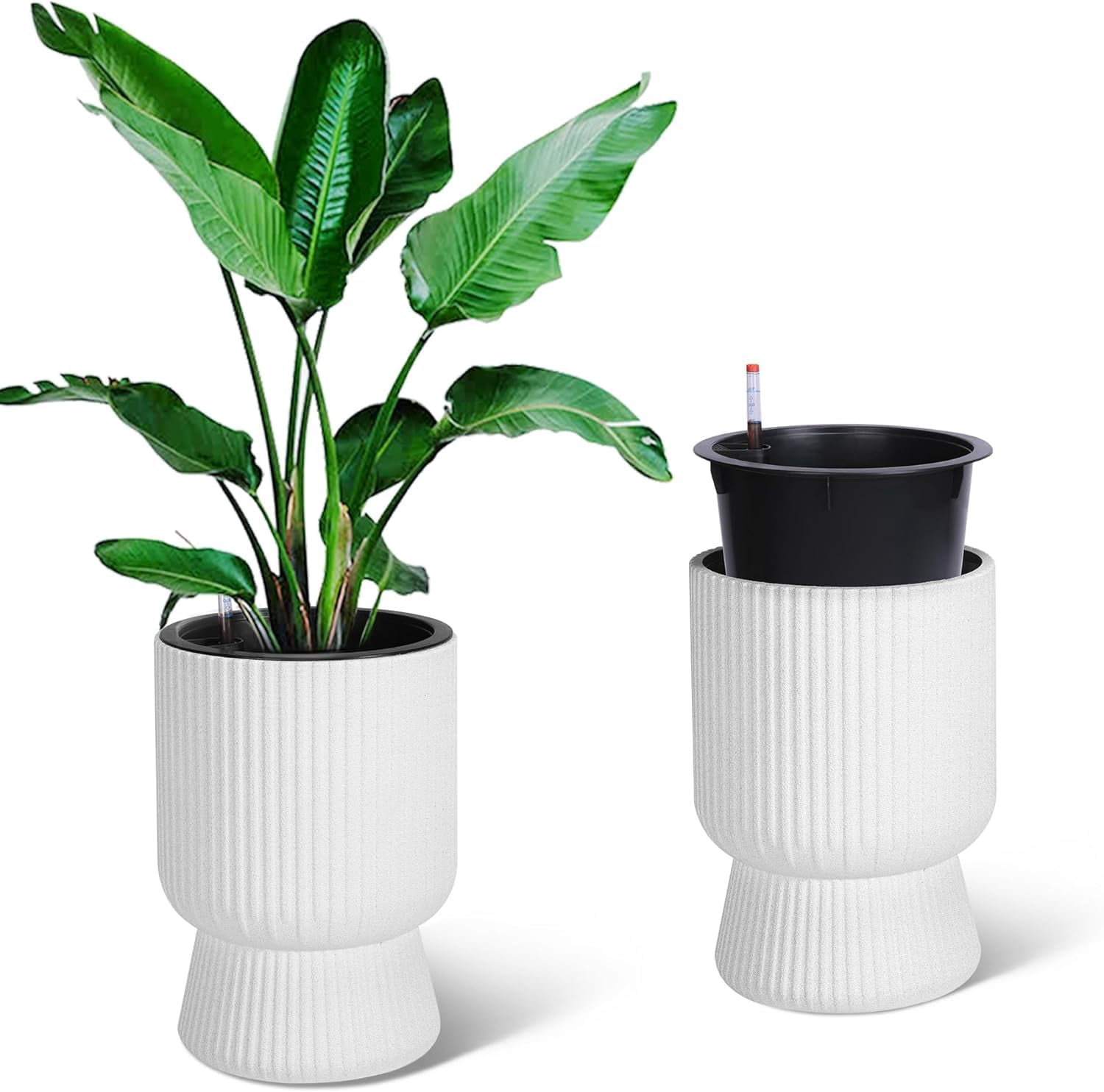 Kojooin 14.2" Planters Set of 2 – Self Watering Flower Pots with Drainage Holes & Water Level Monitor for Patio, Home, Office, Porch, Living Room