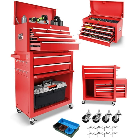 Kojooin 2-in-1 Steel Tool Chest with 8 Drawers – Lockable Rolling Tool Cabinet Storage Box for Garage, Workshop, Warehouse, Home