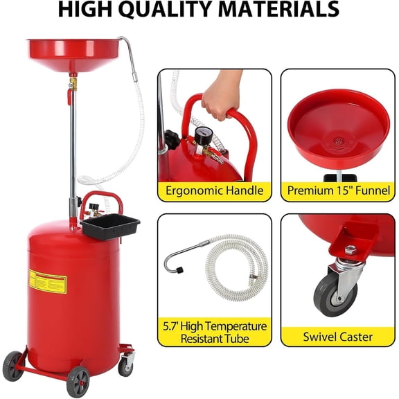 Kojooin 20 Gallon Oil Drain Vacuum and Extractor, Pneumatic Oil Drainer, Air Operated Drainer for Oil Change, Portable Oil Drain Container, Oil Drain Tank with Adjustable Funnel