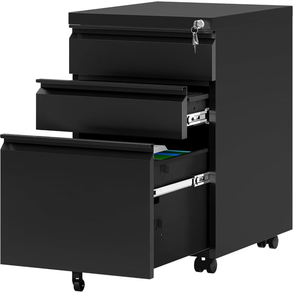 Kojooin 24-Inch 3-Drawer Mobile Filing Cabinet with Lock - Metal Lateral File Cabinet for Legal/Letter/A4 Files, Black