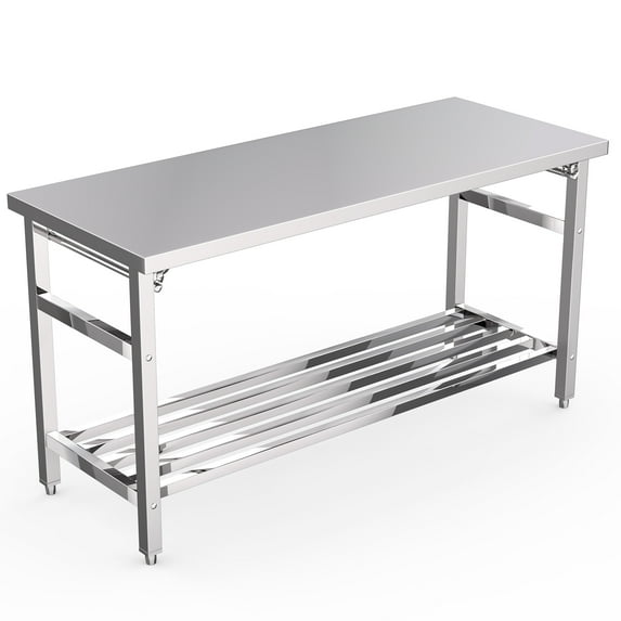 Kojooin 24 x 60 Inch Stainless Steel Work Table for Prep & Work, Commercial Worktables & Workstations with Adjustable Undershelf, Heavy Duty Folding Kitchen Island for Kitchen, Hotel, Restaurant