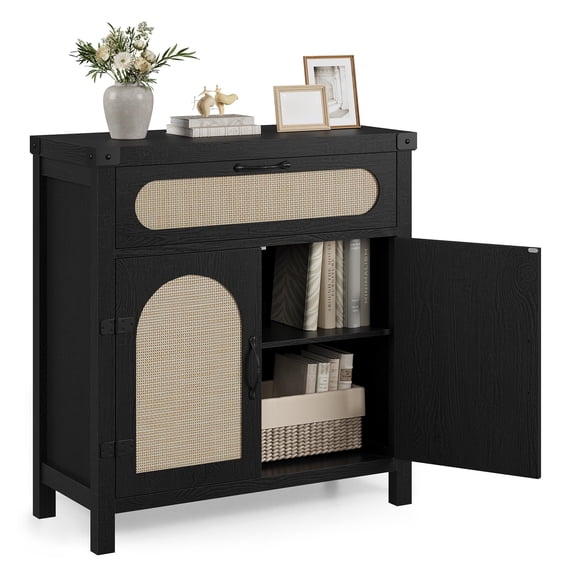 Kojooin 29.9-Inch Small Rattan Storage Sideboard, Kitchen/Coffee Bar Sideboard, with Drawers and Cabinet Doors, Bohemian Farmhouse Style, with Adjustable Shelves and Handles, Suitable for Living Room