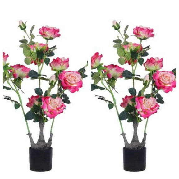 Kojooin 2Pcs Faux Peony Flower Tree, 28in Artificial Plants & Flowers with Green Leaves Pre-Potted Fake Blooming Tree for Indoor Outdoor Porch Home Office Decor Pink
