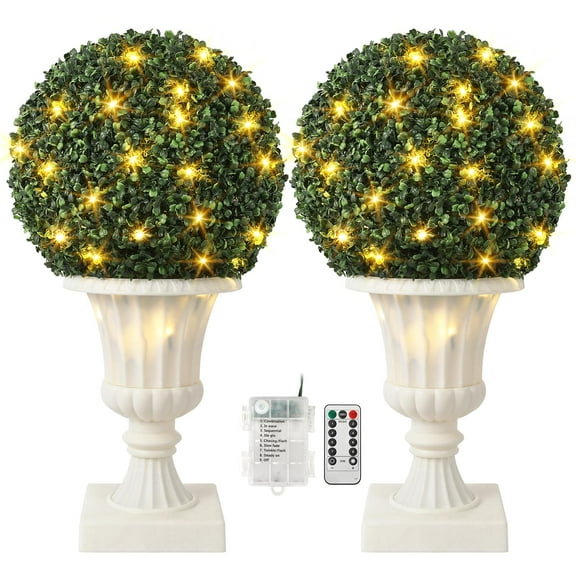 Kojooin 2pcs Artificial Boxwood Topiary Ball, 16" Faux Plant Topiary Ball with Lights, Front Door Plants with Light Base for Outdoor Balcony, Backyard Home Decor,White Fake Tree