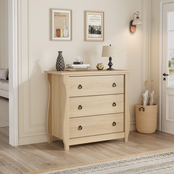 Kojooin 3-Drawer Boho Dresser - Elegant French-Inspired Design with Curved Legs and Rattan Details for Versatile Storage