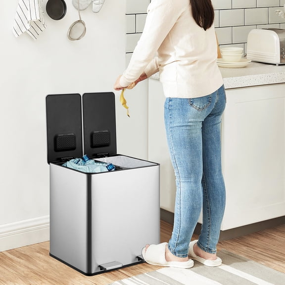 Kojooin 30L Dual Compartment Trash Can, Stainless Steel Soft Close Kitchen Bin with 2 Removable Inner Buckets