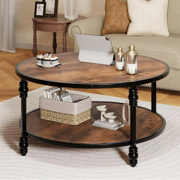 Kojooin 36" Round Coffee Tables with Storage, 2-Tier Round Coffee Table, Center Table Modern Wood Coffee Table, Easy Assembly