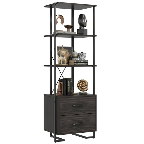 Kojooin 4 Tier Bookshelf with Storage - 70.9 Inch Tall Narrow Industrial Book Shelf with Open Display Shelves and Drawers 3 Shelf Wood Bookcase with Metal Frame for Living Room Bedroom office,Brown