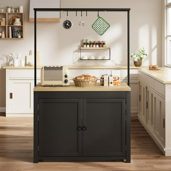 Kojooin 42" Storage Island - Durable Kitchen Cart with Solid Wood, 30mm Thick Countertop, and 3-Tier Shelving