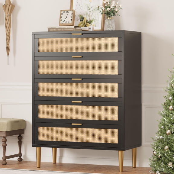 Kojooin 44-Inch Tall Rattan Five-Drawer Chest Of Drawers, Modern Farmhouse Style Narrow Cabinet, Wooden Upright Storage Unit with Metal Accents, Suitable for Bedrooms and Wardrobes