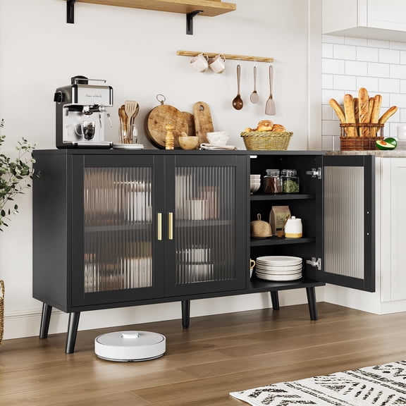 Kojooin 48-Inch Sideboard, Large Sideboard with 3 Recessed Glass Doors and Removable Shelves, Black Decorative Cabinet, Suitable for Living Room, Dining Room, Kitchen, Hallway