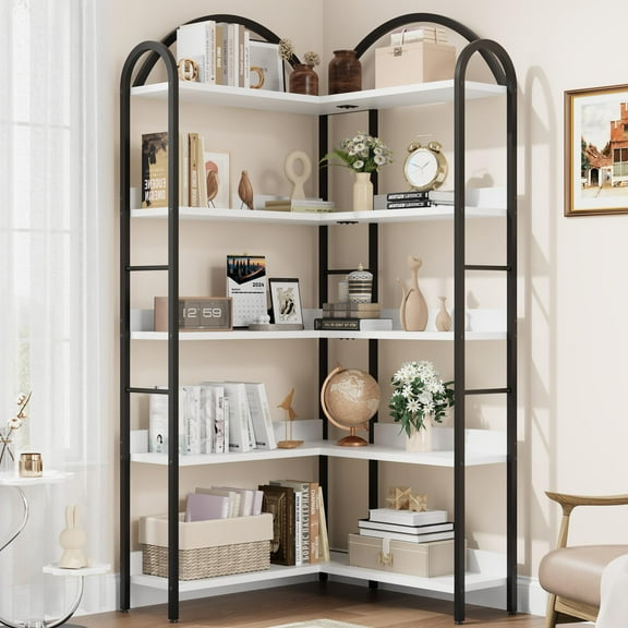Kojooin 5 Tier Corner Bookshelf, Industrial Corner Bookshelf with Metal Frame, 68.5" Tall L Shaped Bookcase for Bedroom, Living Room, Kitchen, Office