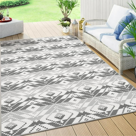 Kojooin 5'x 8' Indoor/Outdoor Area Rug,Washable Rug,Non Slip Camping Rug,Stain Resistant Floor Carpet,Black White