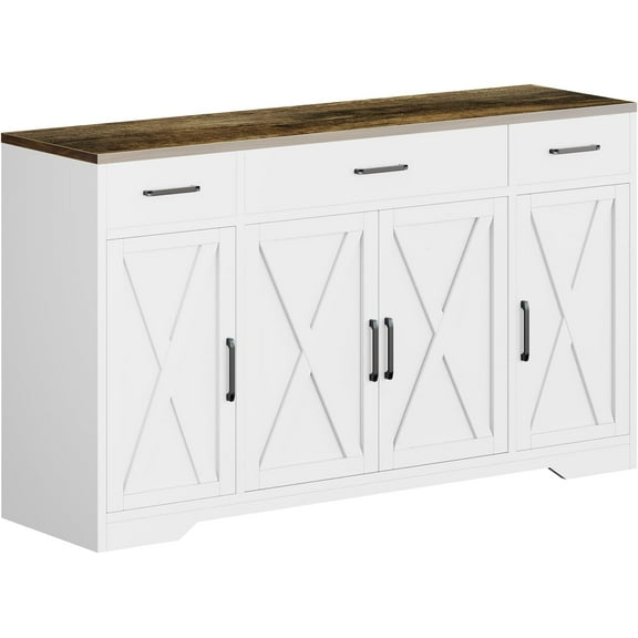 Kojooin 55 Inch Buffet Cabinet with Drawers, White+Yellow