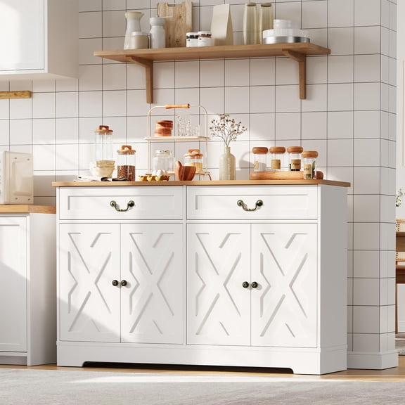 Kojooin 57-Inch Farmhouse-Style Sideboard with Storage Space, White, 4 Doors, 2 Drawers, Adjustable Shelves, Coffee Bar Cabinet, Multi-Functional Storage Unit Suitable for Living Room and Dining Room