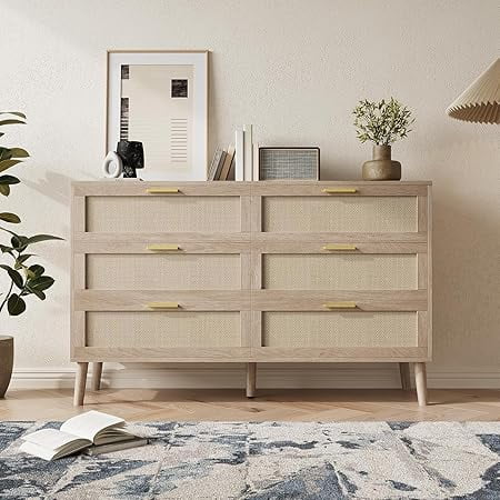 Kojooin 6 Drawer Rattan Dresser,Natural Rattan Dresser,Modern Wooden ...