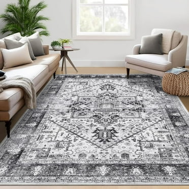 Kojooin 6'x 9' Washable Area Rug,Boho Vintage Area Rug,Soft Non Shedding Stain Resistant Carpet,Black