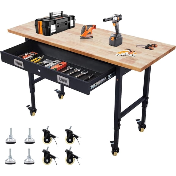 Kojooin 60 Inch Adjustable Workbench with Drawers, Pegboard, Power Outlet and Locking Wheels for Garage or Workshop