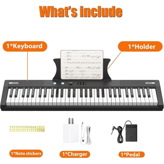 Kojooin 61-Key Portable Electric Keyboard Piano with Semi-Weighted Keys, Power Supply, Built-in Speakers, Pedal, Stand, and Stool - Multifunctional 64-Note Polyphon