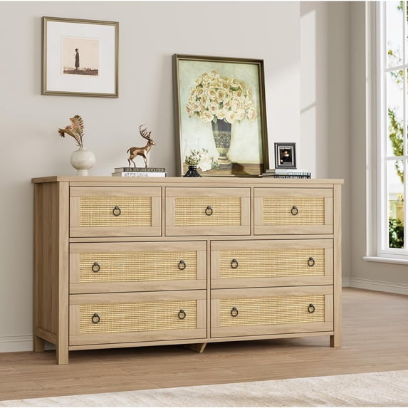 Kojooin 7-Dresser for Bedroom - Natural Rattan Style Storage for Nursery, Living Room