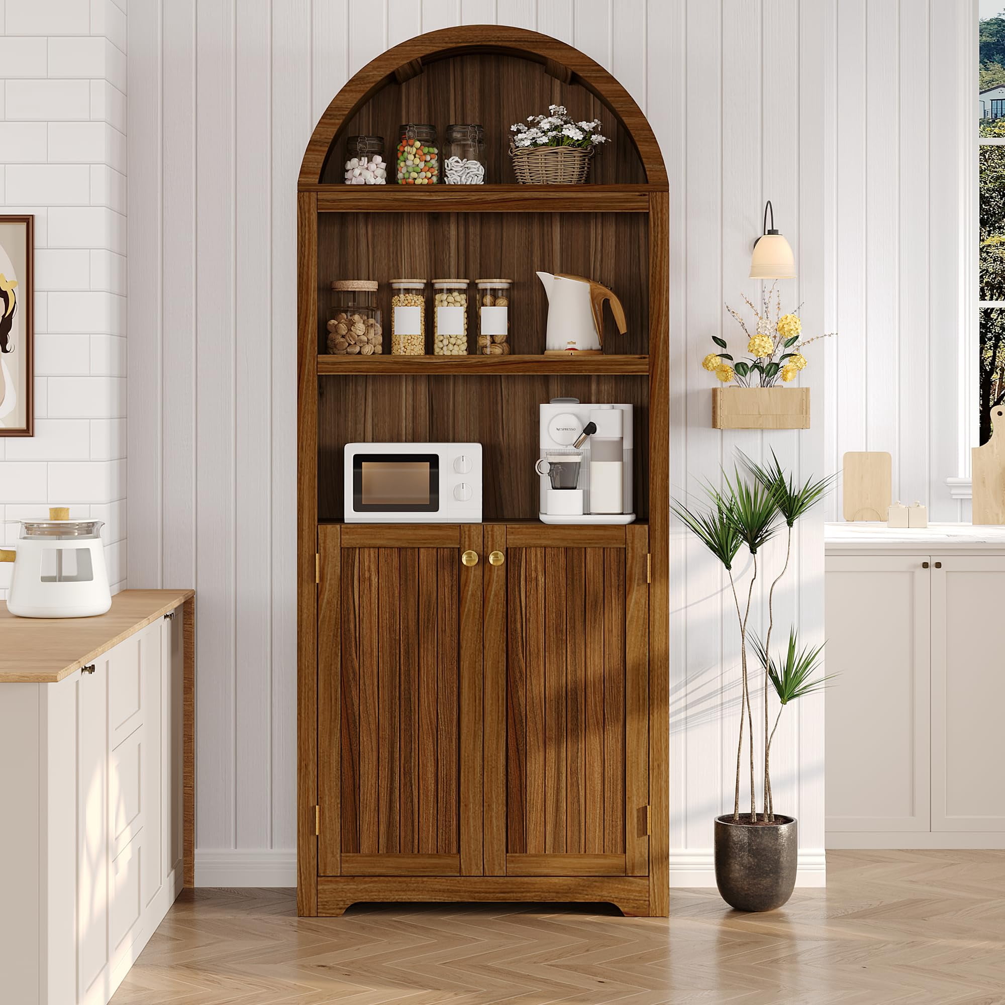 Kojooin 71.6" Tall Arched Storage Cabinet, 5 Tier Wooden Pantry Cabinet with Doors and Adjustable Shelves, Home Office Arch Book Shelf Storage Organizer for Living Room, Bedroom