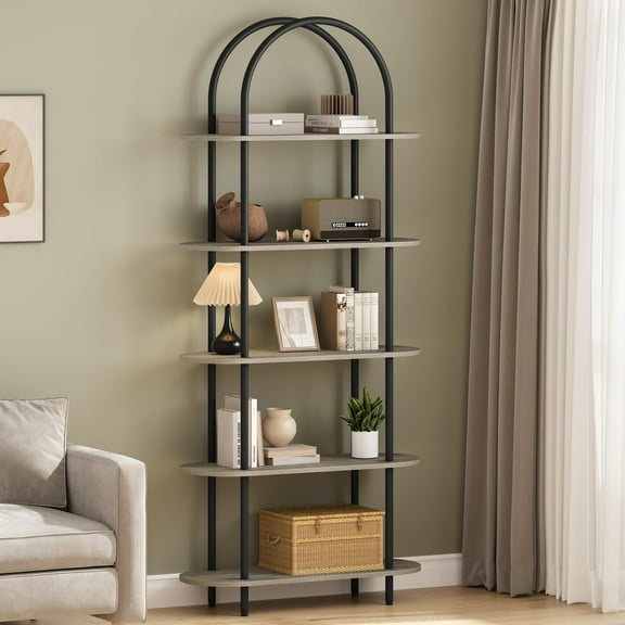 Kojooin 71" Bookshelf 5 Tier Bookcase Arched Display Racks Tall Bookshelf Freestanding Open Storage Shelf with Sturdy Metal Frame for Bedroom Living Room Home Office Bathroom