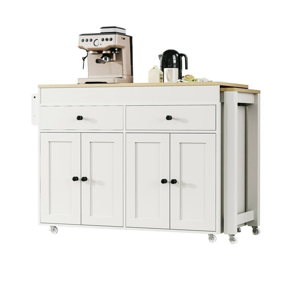 Kojooin 74.5" Kitchen Trolley Carts On Wheels, Rolling Kitchen Island Cart With Extendable Table, Spice Rack, 2 Drawers And 4 Doors, Rolling Side Table For Kitchen Garage Home
