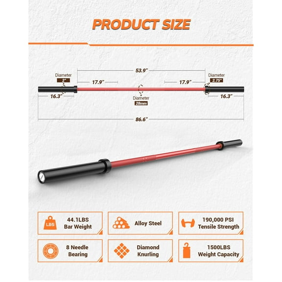Kojooin 7Ft Barbell for Strength and Weightlifting Training, 45 LB Weighted Bar for Squat, Deadlift, Bench Press, Curl, Overhead Press, 1200 Lbs Capacity, Fits 2 Inch Plates