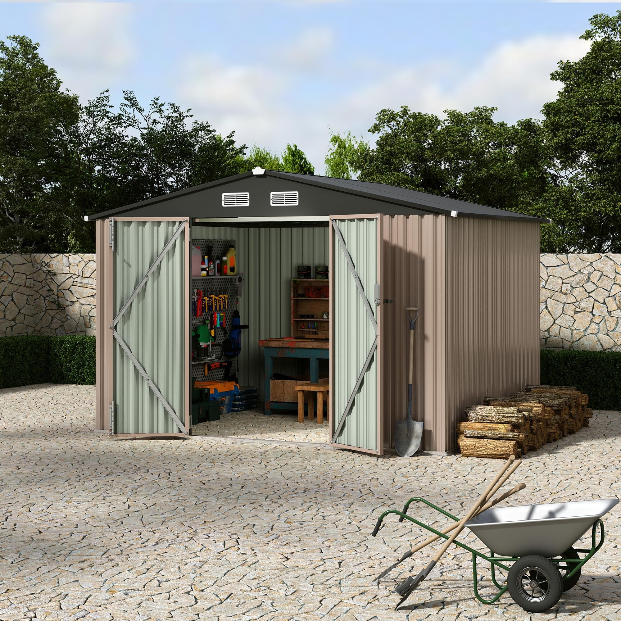 Kojooin 8' X 10' Outdoor Storage Shed, Waterproof Metal Sheds with Metal Foundation, Utility and Tool Garden Shed with Lockable Doors for Backyard, Patio, Outside