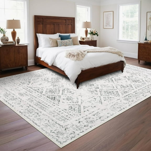 Kojooin 8 x 10 FT Washable Rugs,Non-Slip Rugs,Stain Resistant Low Pile No Shed Boho Geometric Print Distressed Rugs,Beige