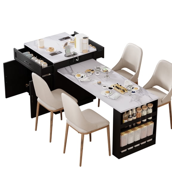 Kojooin 82.7" Kitchen Island With Extendable Dining Table For 4-6 People, Rolling Kitchen Island With Storage, 2 Drawers & 2 Side Open Shelves, Charging Station