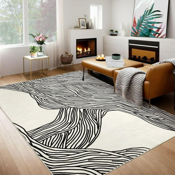 Kojooin 9x12 FT Area Rugs,Abstract Line Geometic Rug,Modern Rug Non Slip Carpet,Black/White