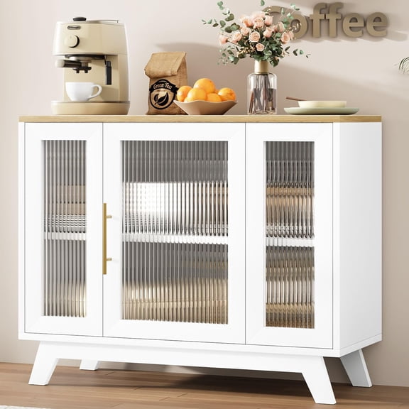 Kojooin Accent Storage Cabinet, 36'' Sideboard Buffet Cabinet with Fluted Glass Door and Adjustable Shelf, White Coffee Bar Cabinet, White and Yellow
