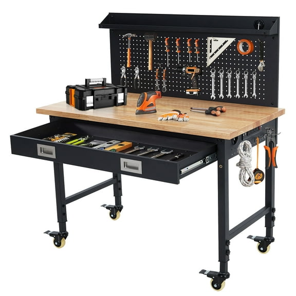 Kojooin Adjustable Workbench with Drawer Storage,Heavy-Duty Worktable with Pegboard & Power Outlet,Load Capacity Rubber Wood Top Workbench