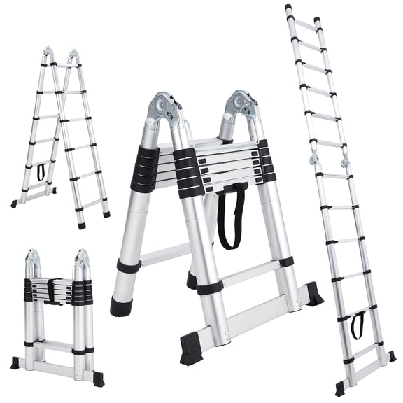 Kojooin Aluminum Alloy Telescopic Ladder Features An a-Shaped Design, Non-Slip Feet, and Stabilizers, Making It Suitable for Homes, Outdoor Areas, Rooftops, and Gardens