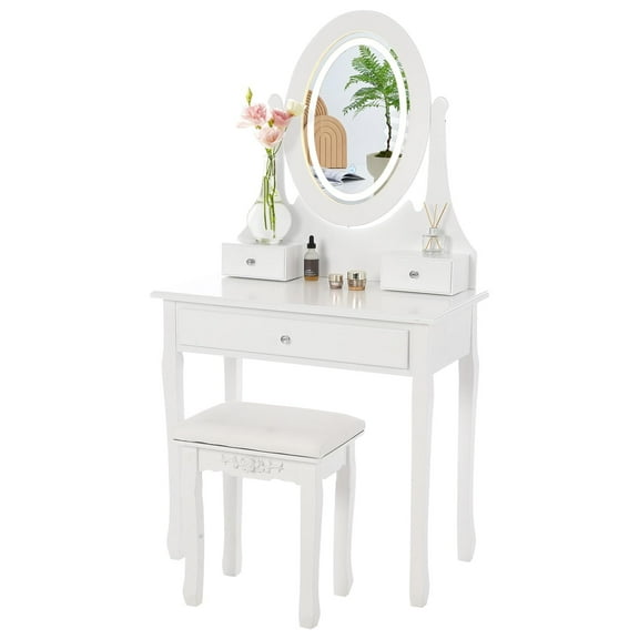 Kojooin Antique White Farmhouse Vanity Table – LED Lighted Mirror, Cushioned Stool, 3 Storage Drawers, Makeup Dressing Table for Bedroom