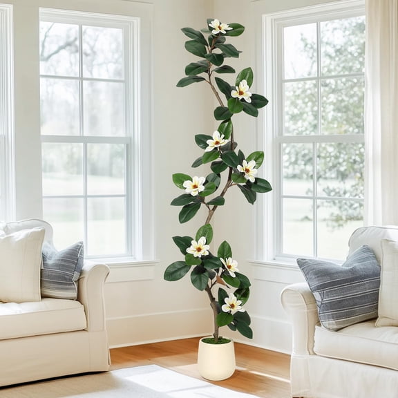 Kojooin Artificial Magnolia Tree - 5FT Artificial Tree Plant in White Planter Pot - Fake Outdoor Tree with 7 Magnolia Flowers, Realistic Indoor Floor Plant for Home, Office, Living Room Decor
