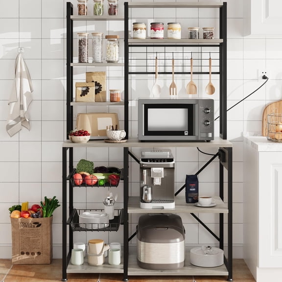 Kojooin Bakers Rack with Power Outlets, 7-Tier Industrial Microwave Stand with Wire Basket & Hanging Self, Large Metal Coffee Bar Station, Bakers Rack with Storage Self for Kitchen