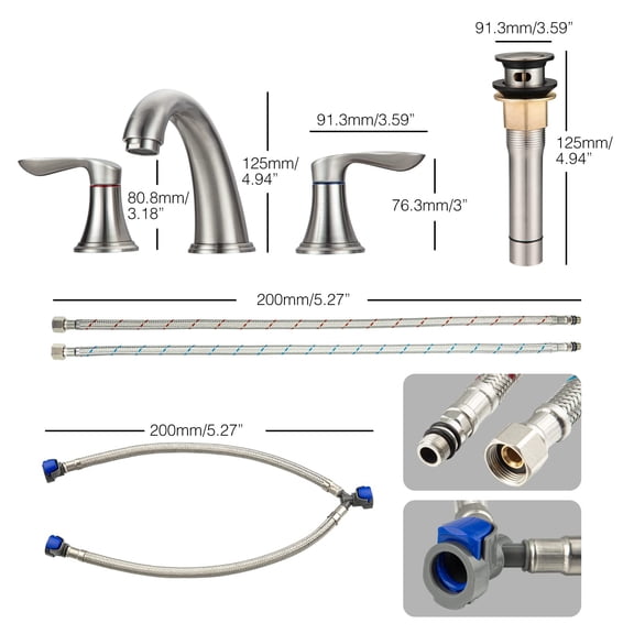 Kojooin Bathroom Faucet, 8-Inch Wide-Hole Three-Hole Installation, with Pop-Up Drain, Double Handle Low-Curve Design and Water Supply Pipe