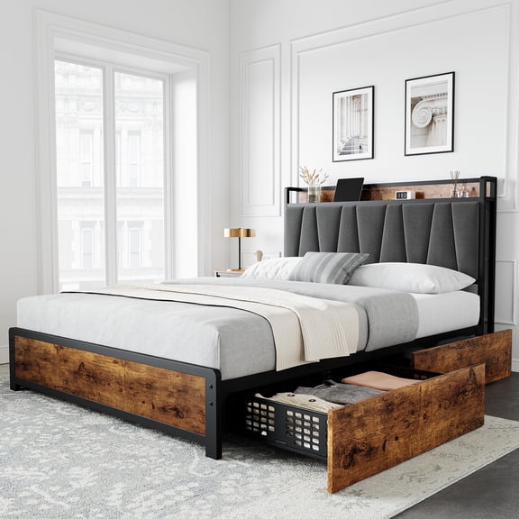 Kojooin Bed Frame with Storage Linen Upholstered Headboard, 4 Drawers Platform Bed Frame with Charging Station, No Box Spring Needed, Easy Assembly, Vintage Brown