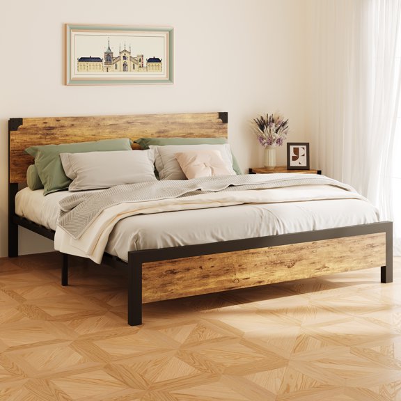 Kojooin Bed Frame with Wooden Headboard, Platform Base with Underbed Storage and Strong Wood Slat Support, Noise Free