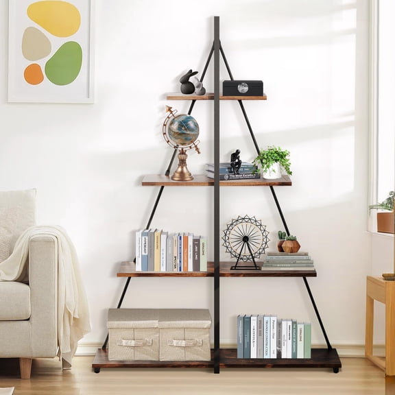 Kojooin Book Shelf, 4 Tier Ladder Shelf, Ladder Bookcase with Sailboat A Shaped Structure, Bookshelf with Sturdy Shelves Display, Wooden Storage Bookshelves