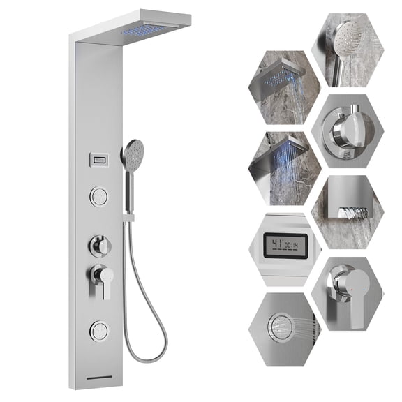 Kojooin Brushed Shower Panel Tower with Led Temperature Display, Bathroom Shower System with Massage Head, Adjustable Body Nozzles, High-Pressure Hand Shower and Overhead Shower, Wall-Mounted