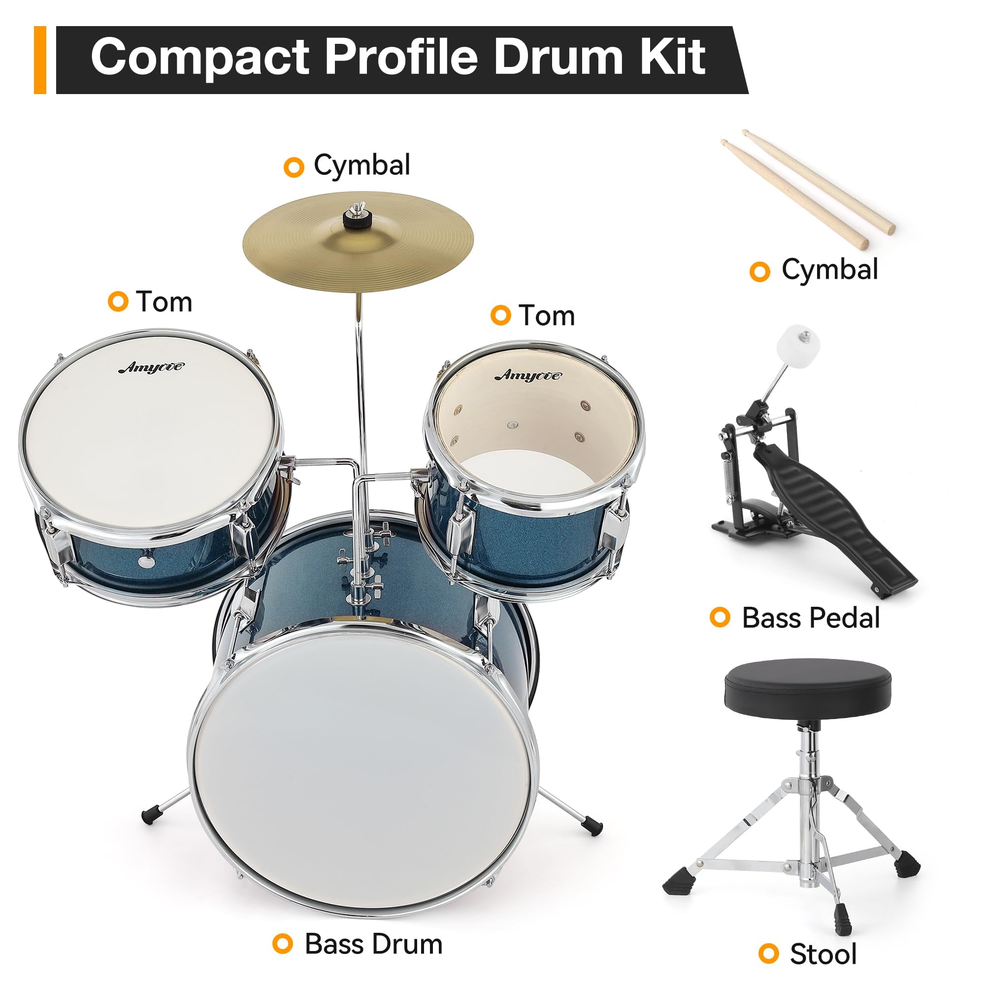 Kojooin Children's 3-Piece Drum Kit, 14-Inch Drum Set, Including Snare Drum, Tom-Tom, Bass Drum, Cymbals, Hi-Hat, and Adjustable Drum Bench