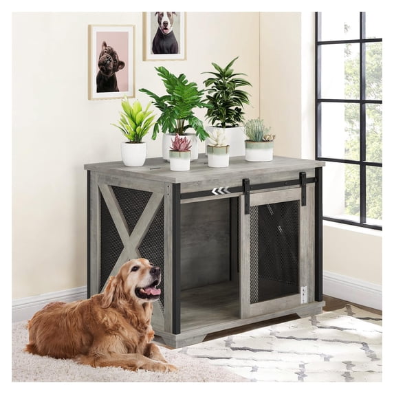 Kojooin Classic Sliding Barn Door Dog Crate End Table with Removable Divider, Flip Top Opening for Adult Dogs