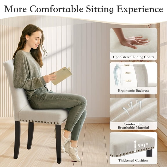 Kojooin Dining Chairs Set of 2, Fabric Parsons Dining Room Chair with Nailhead Trim and Sturdy Wood Legs, for Small Space