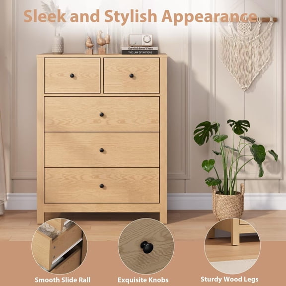 Kojooin Dresser for Bedroom, Tall 5 Drawer Dresser with Deep Drawers & Metal Knobs, Modern Wooden Double Chests of Drawers for Kids Bedroom, Entryway, Hallway