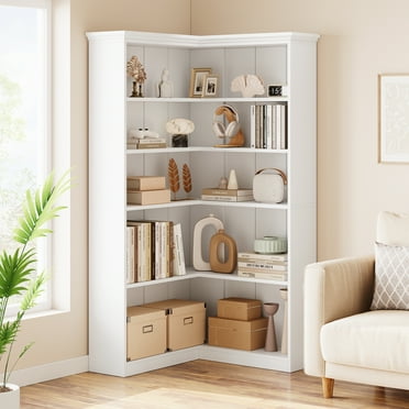 Kojooin Farmhouse Bookshelf Corner Bookcase,Bookcase Wood Bookshelf Tall L Shaped Bookshelf 5 Tier Corner Shelf Display Rack Shelf Storage,White